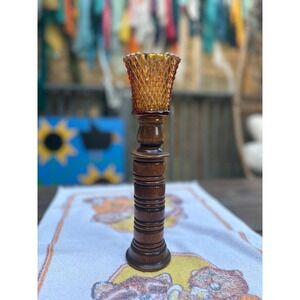 Vintage Amber Diamond Point Glass + Wood Napkin-Ring Candleholder 11"